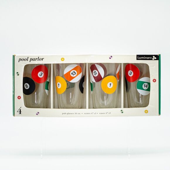 NOS LUMINARC Pool Parlor Pub Pint Glasses 16 oz Set of 4 NIB Bar Decor Arcade - Picture 1 of 7
